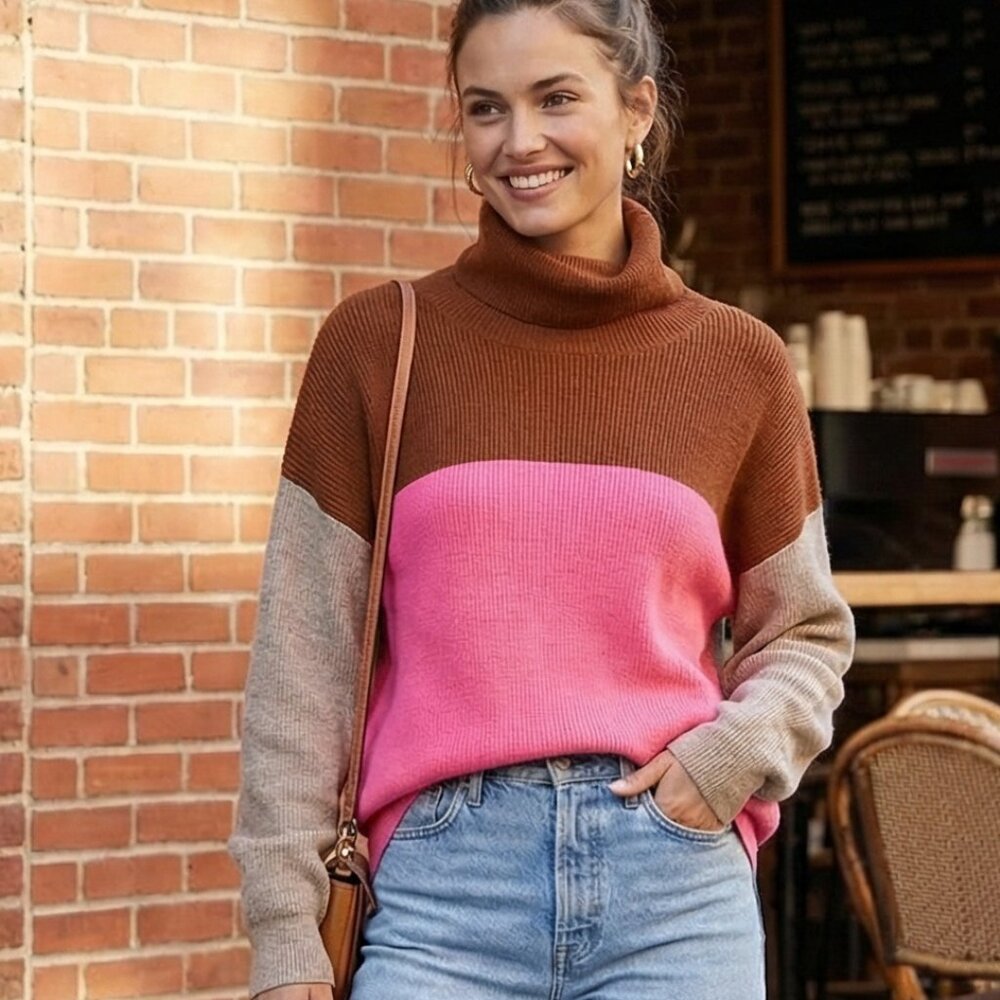 Free People Colorblock Oversized Turtleneck Sweater Size L Pink Brown